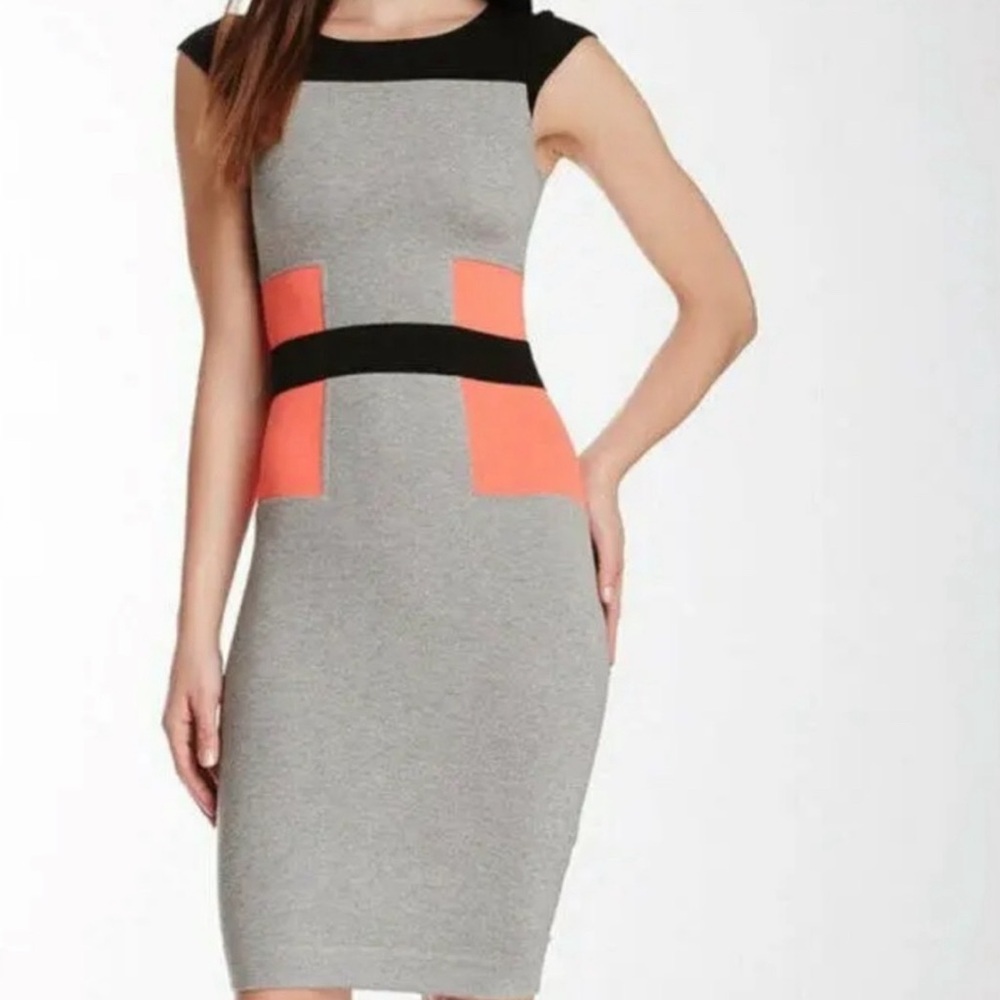 French Connection Gray & Orange Color Block Midi Sleeveless Bodycon Dress Size 4